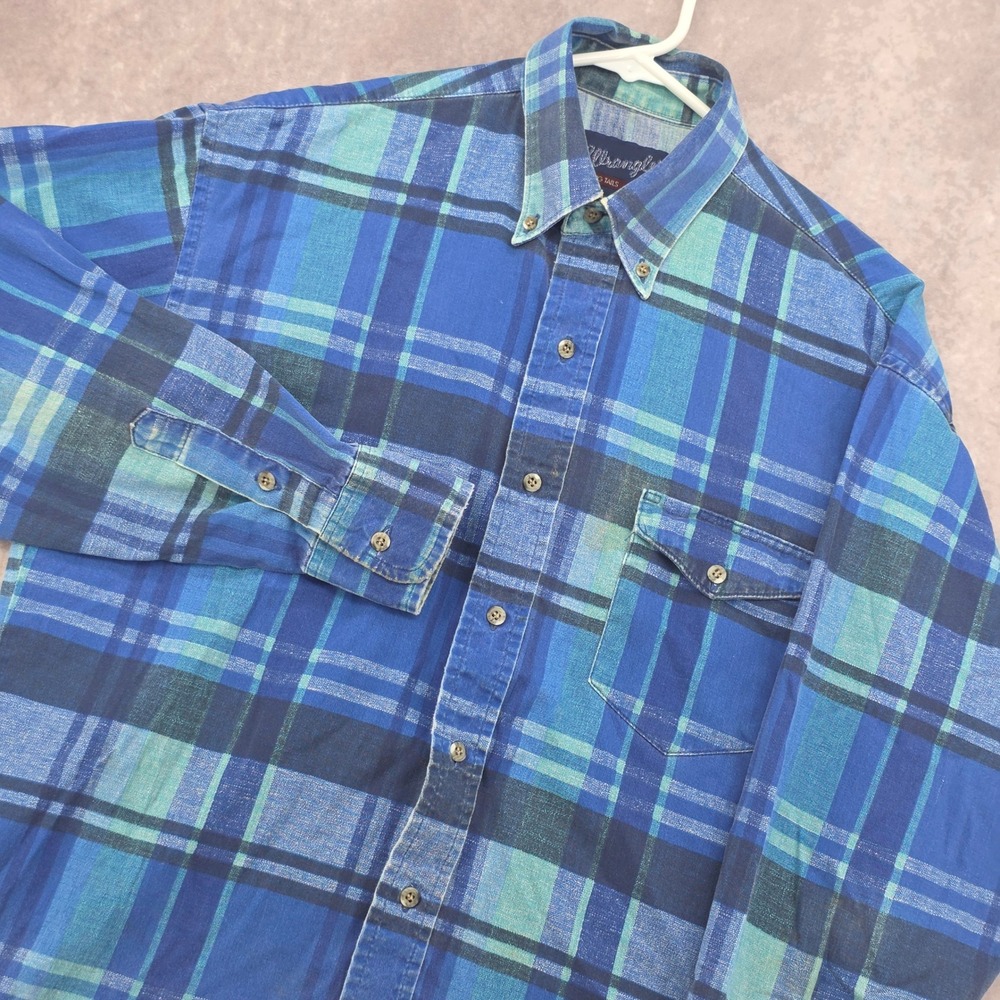 Wrangler X-Long Tails Mens Plaid Button Down Shirt Blue Teal 15.5-33 Long Sleeve